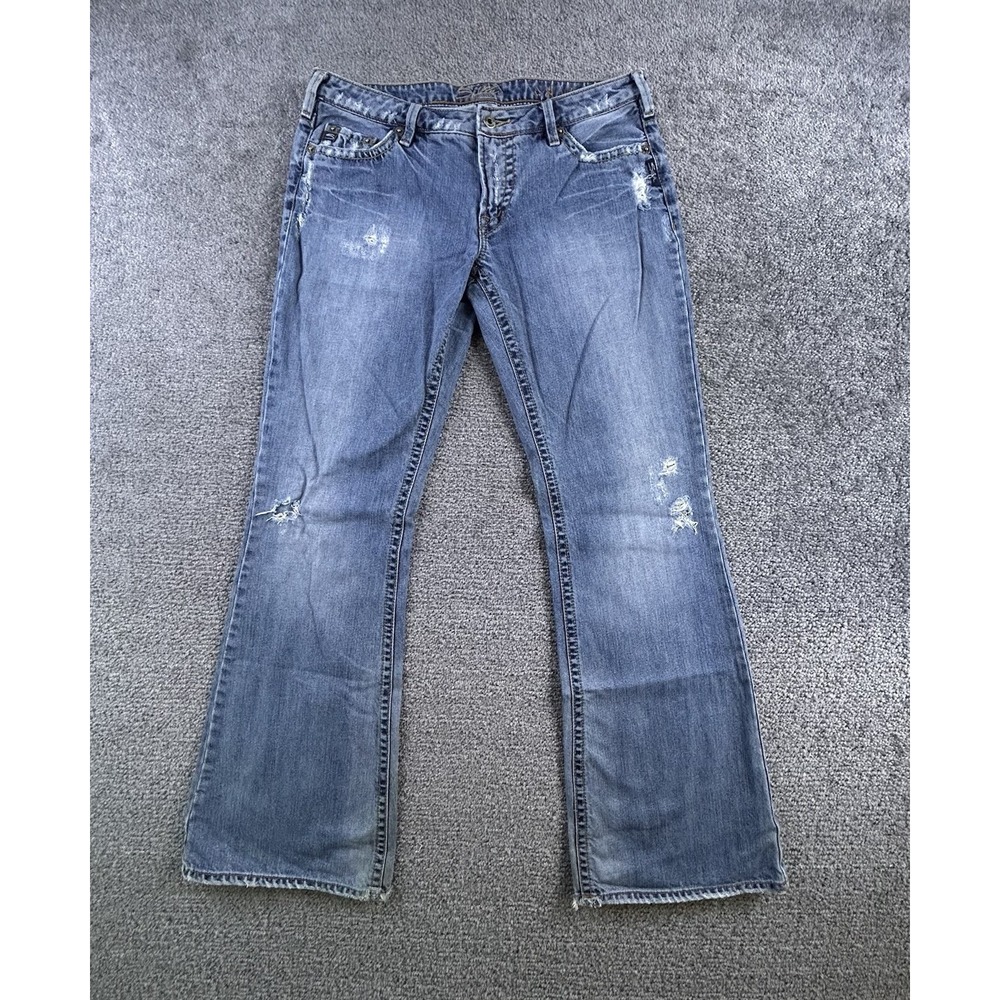 Silver Jeans Carlton Mens 34x33 Blue Distressed Bootcut Denim Jeans Vintage